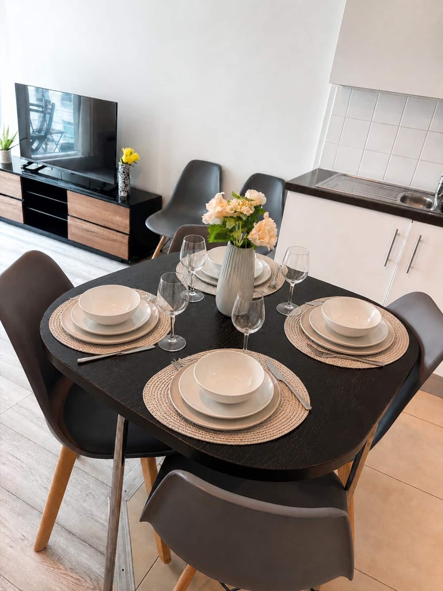 The kitchen and dining area of our 2-bedroom apartment in London, 2-Bed Apartment — Vauxhall, London Zone 1 · Tube 2 Mins Walk