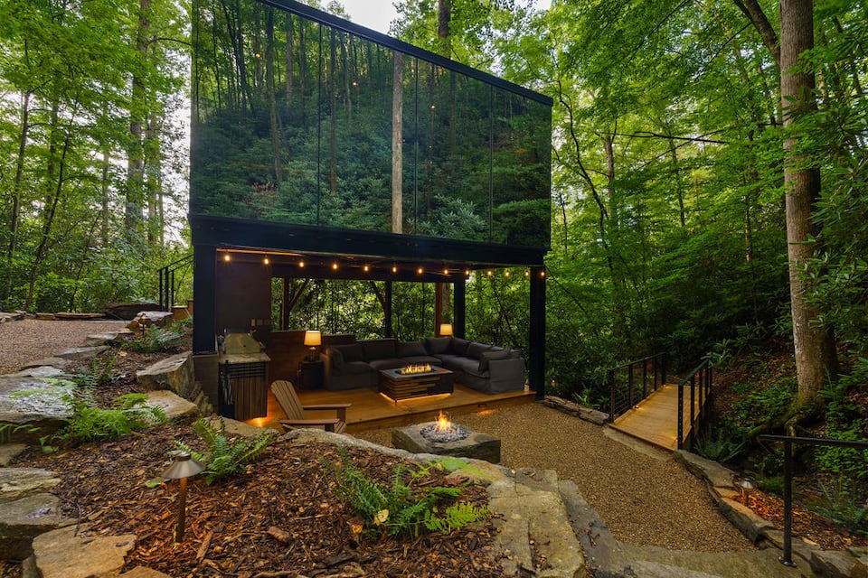 A mirrored glass cabin with its own waterfall, Brevard, North Carolina, United States, photo 1 of 10