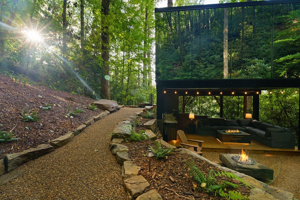 A mirrored glass cabin with its own waterfall, Brevard, North Carolina, United States, photo 10 of 10
