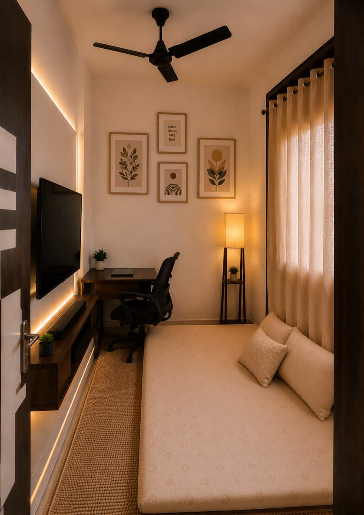 Second room at Urban Serenity with a floor mattress, large smart TV and dedicated workspace