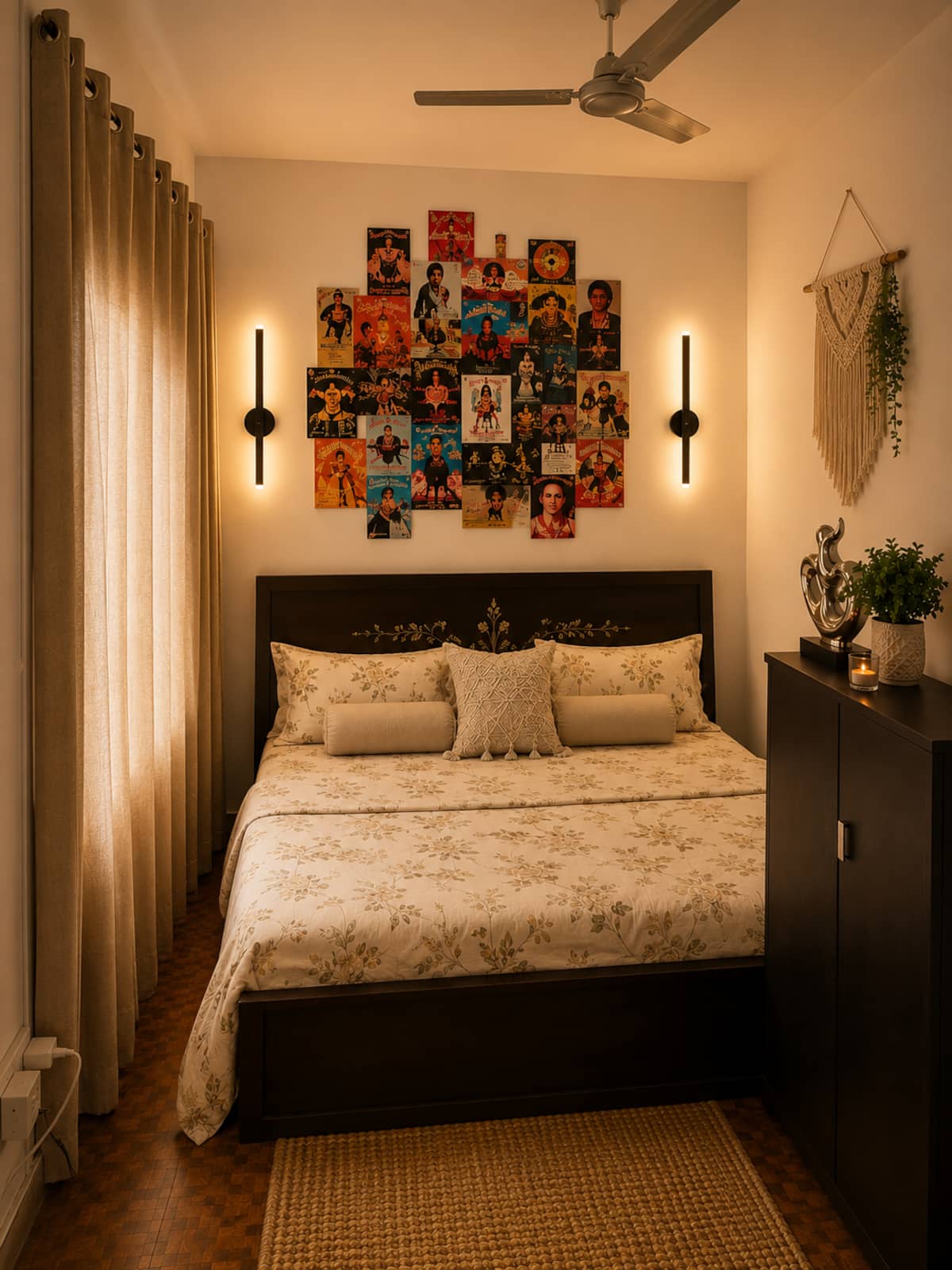 King bedroom at Urban Serenity with warm lighting and a Bollywood art wall