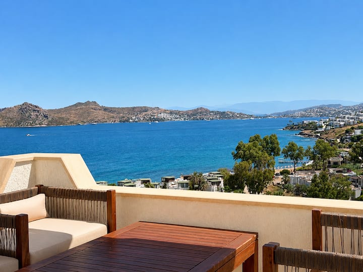 Panoramic Sea View With Rooftop Kitchen And Bbq - Yalıkavak