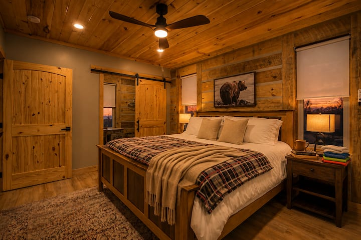 Plush Bedding in a Warm Cabin Bedroom