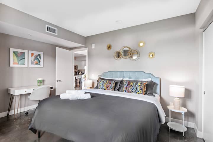 Welcome to your cozy and inviting bedroom with a queen bed, innovative decor.