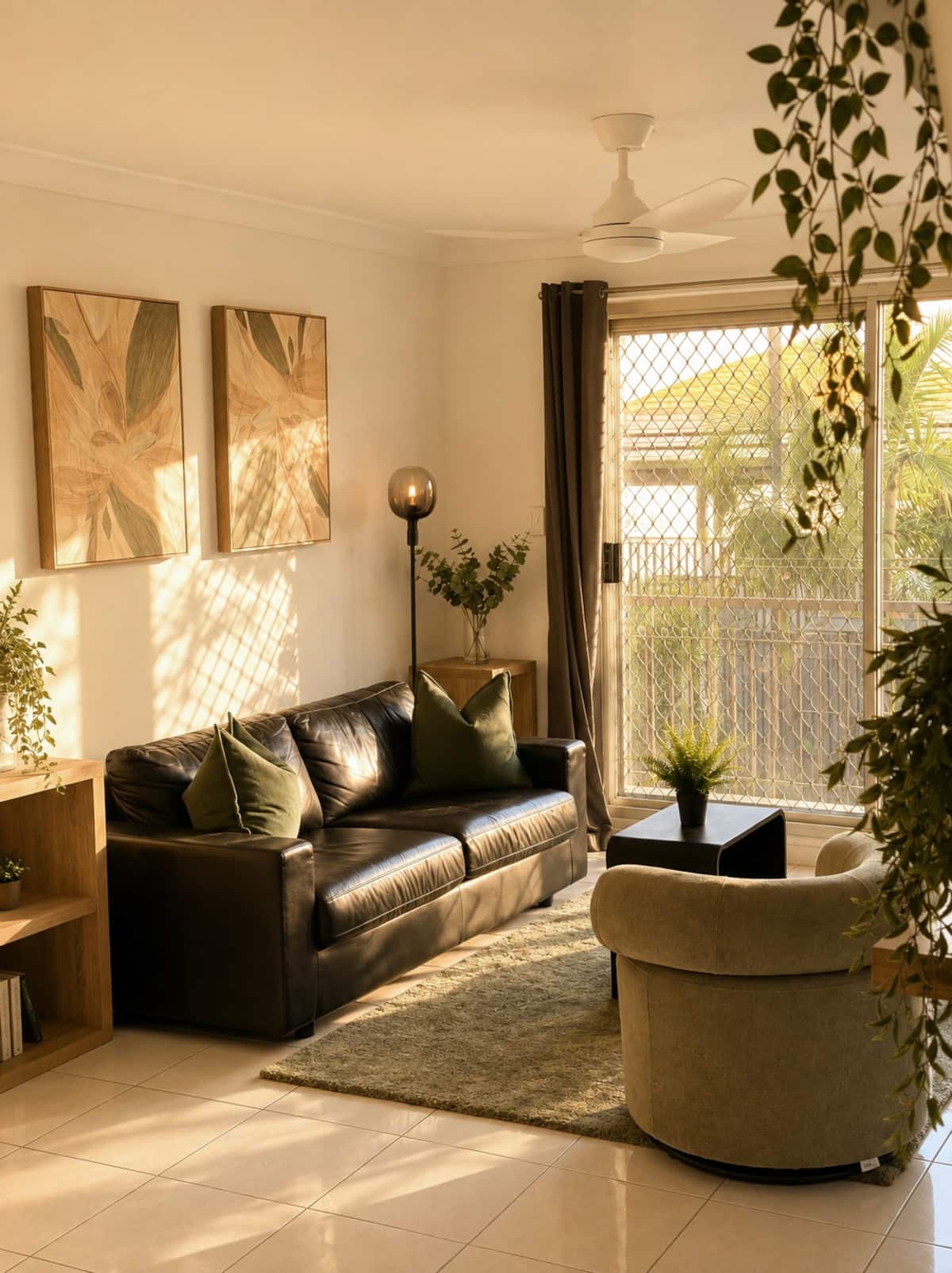 Sunlit Coorparoo living room with sofa and balcony door
