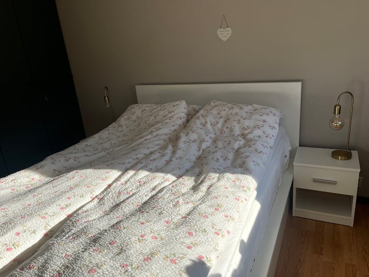 El dormitorio cuenta con espacio de almacenamiento para la ropa, así como con un televisor de 55 pulgadas montado en la pared con Chromecast.