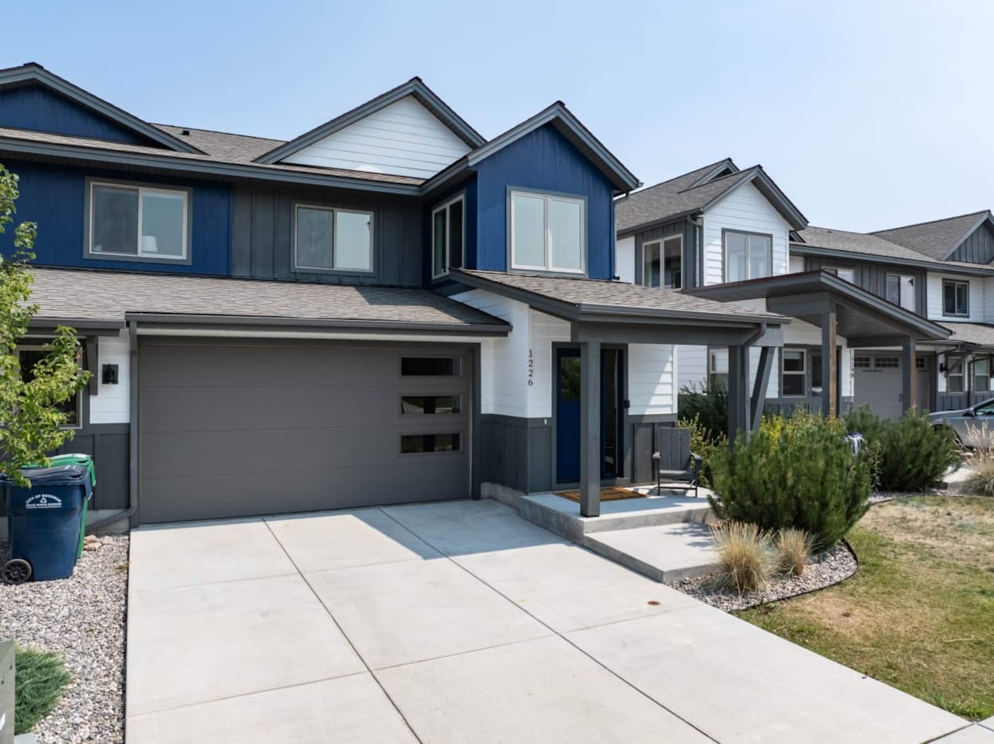Exterior view of the modern townhome community