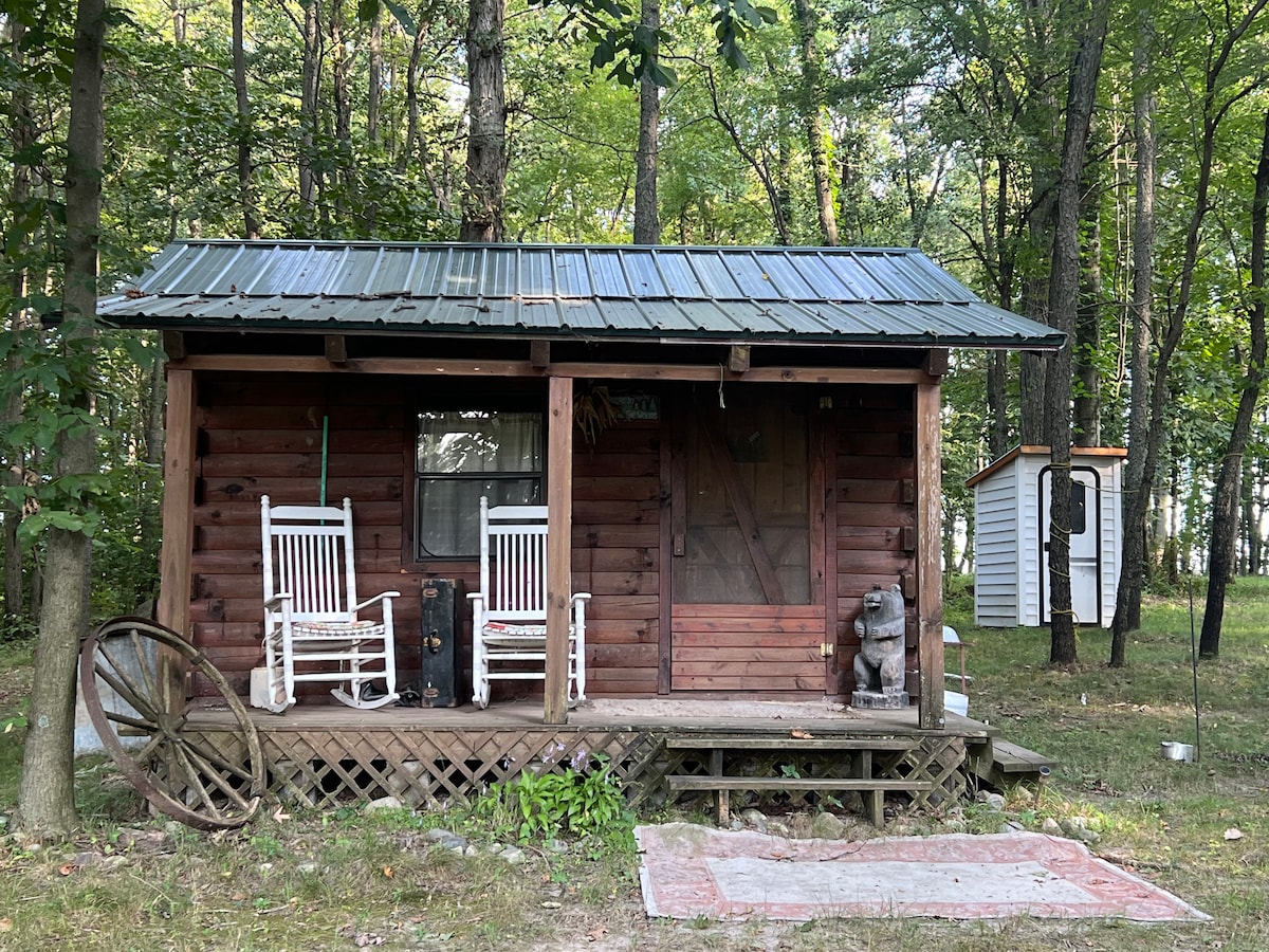 The cabin exterior features rustic wooden siding and a metal roof, complemented by a small covered porch with two white rocking chairs. A wooden staircase leads up to the porch, while a nearby outhouse is visible amidst the surrounding trees.