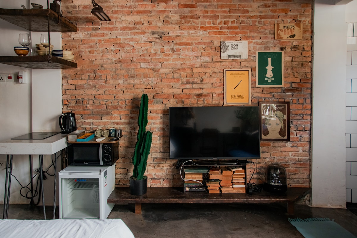 A brick wall serves as the backdrop for a dark wooden shelf filled with kitchen appliances and decorative items. A flat-screen TV is positioned on a low wooden unit, surrounded by books and an indoor cactus plant. The lighting fixture above adds functional illumination.
