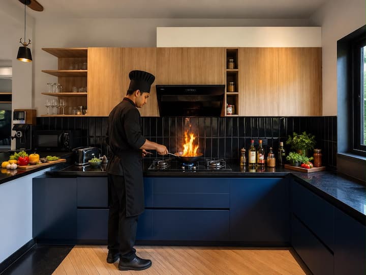This image is for visual reference only. Personal chef service is available on request at an additional charge. The villa, kitchen and amenities shown are genuine; the actual chef and setup may vary.