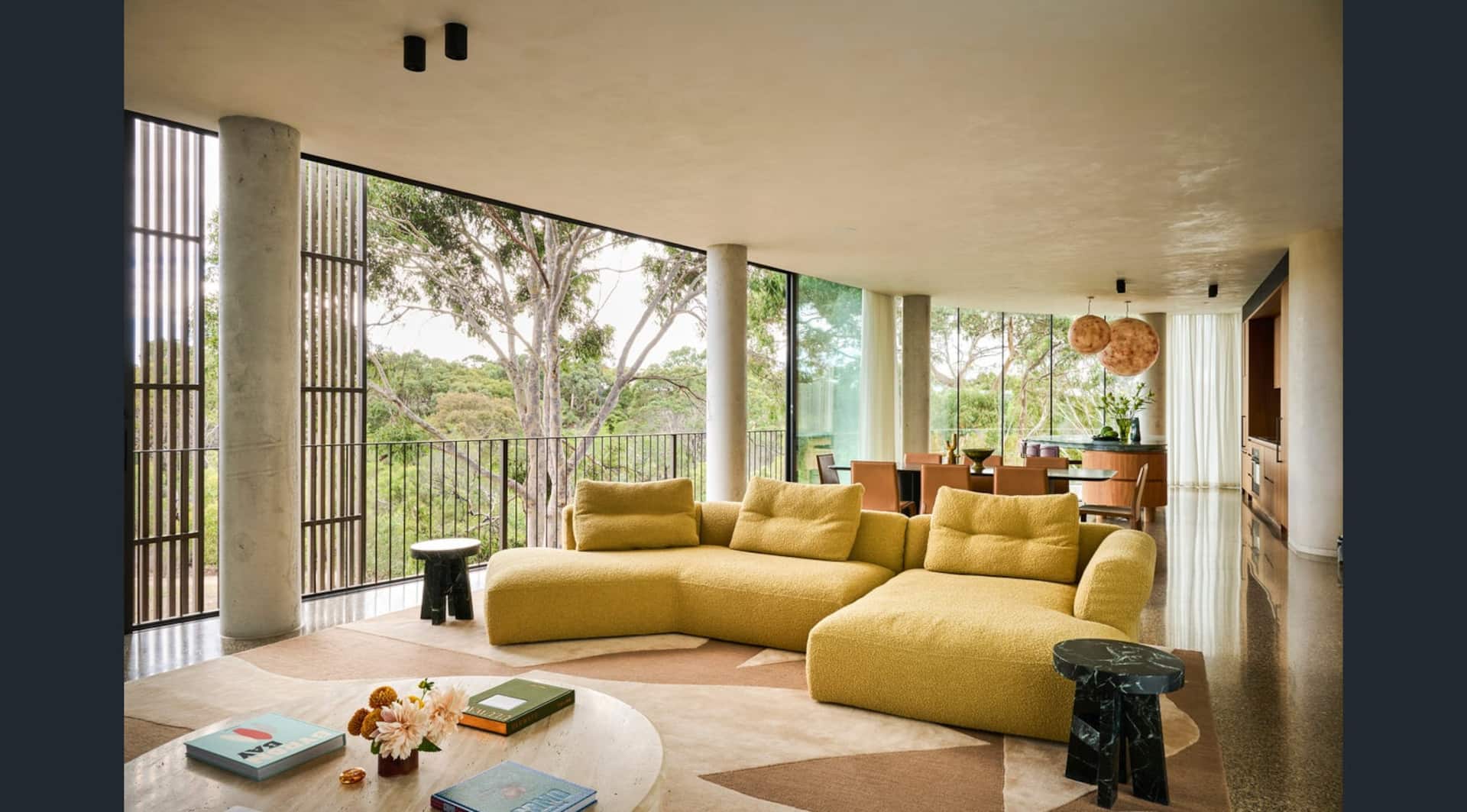 Treetop Retreat coastal living space surrounded by eucalyptus trees