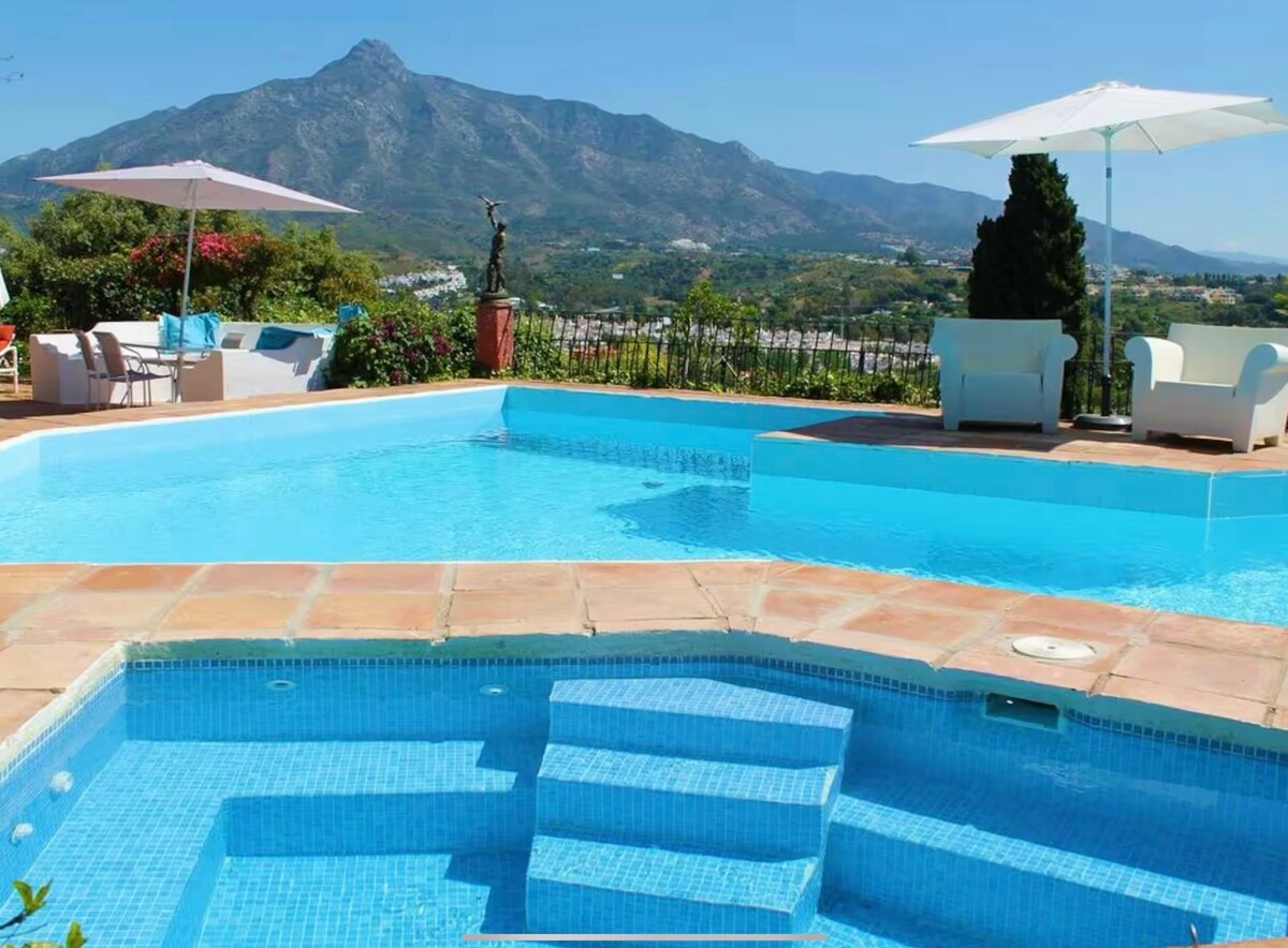 A bright and inviting pool area is presented, featuring a large swimming pool with crystal-clear water and steps leading into a smaller jacuzzi. Sun loungers and umbrellas are arranged nearby, framed by lush greenery and offering spectacular mountain views in the background.