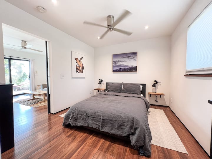 Quiet bedroom with ultra comfy mattress and linen sheets. 
