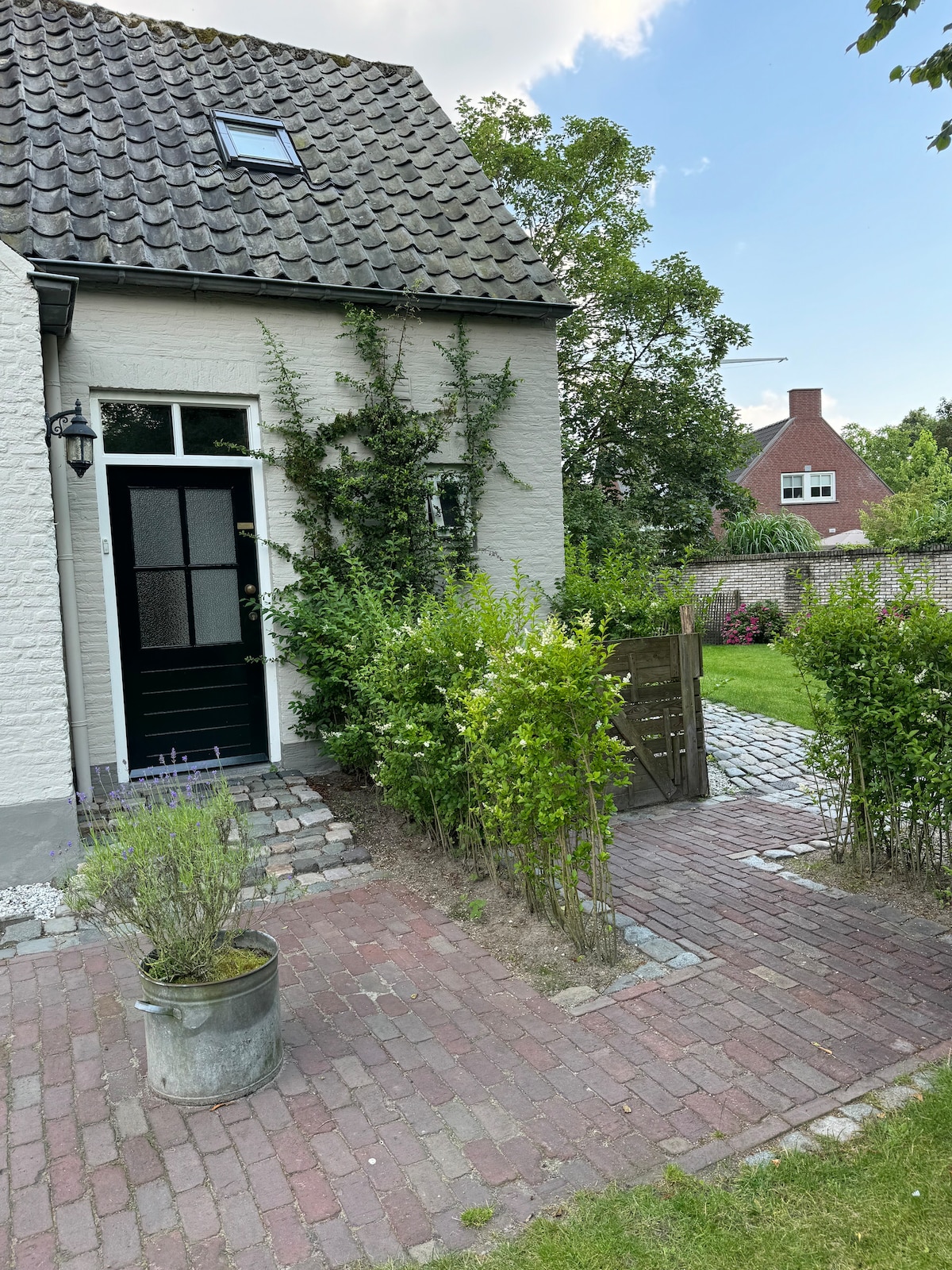 The image displays the entrance of the house, featuring a charming door framed by lush greenery. A pathway made of bricks leads towards the door, with a metal bucket positioned nearby, contributing to the rustic ambiance of the garden.