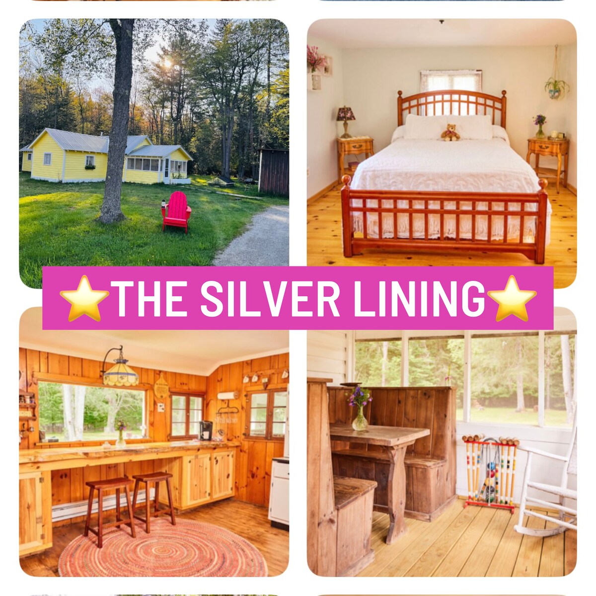 A charming cabin exterior is framed by lush trees, featuring a red adirondack chair on the front lawn. The bright, inviting interior includes a cozy bedroom with a comfortable bed, and a rustic kitchen area with wooden cabinetry and a round table adjacent to large windows.