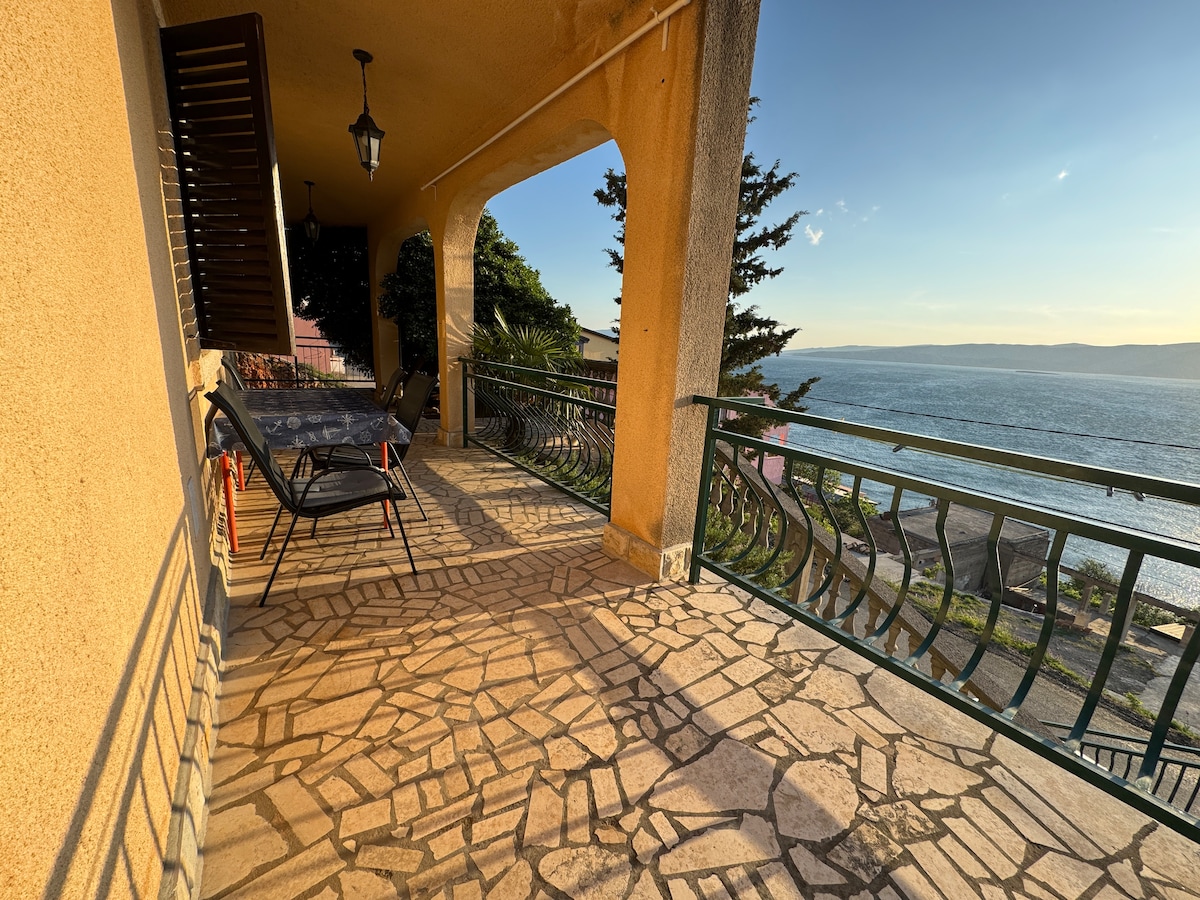 A spacious terrace is presented, featuring a stone floor and metal railing overlooking the sea. Two chairs are arranged around a table, and the landscape reveals greenery and water in the distance. Soft natural light enhances the scene, creating a serene environment.