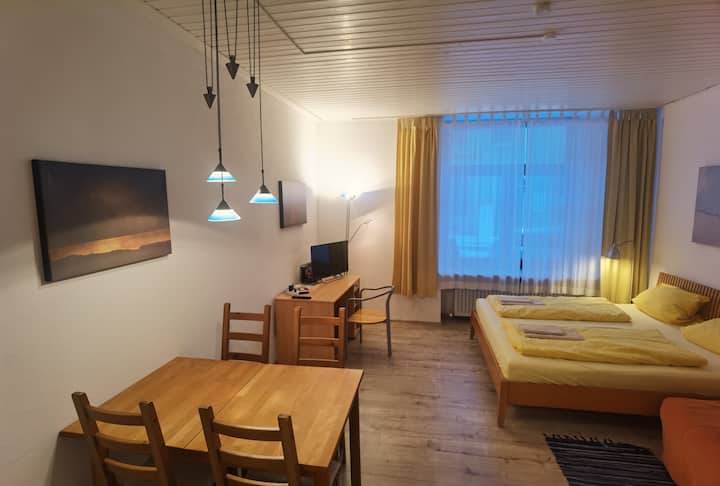 Vardagsrum och sovrum med matbord, arbetsbord, dubbelsäng och bäddsoffa