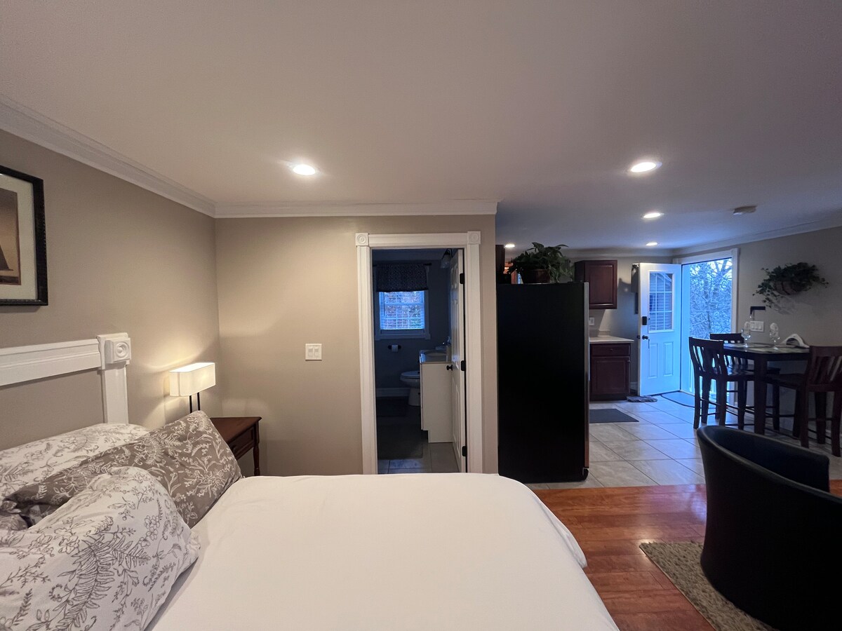A cozy studio layout is shown, featuring a spacious bed with a decorative headboard positioned towards the front. A view of the kitchen area and dining space can be seen in the background, along with a doorway leading to the bathroom.