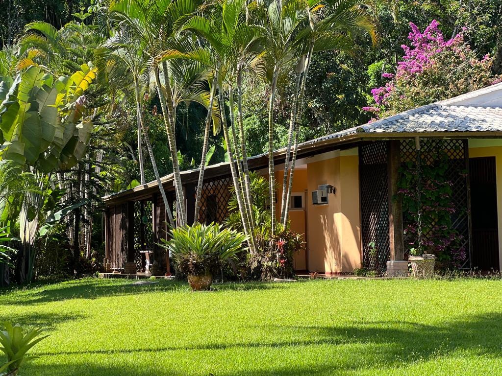 A vibrant exterior is shown, featuring lush green lawns complemented by tall palm trees. Colorful bougainvillea adds charm to the landscape surrounding a warm-toned house with wooden accents and a tiled roof. Natural light bathes the area, enhancing the serene ambiance.