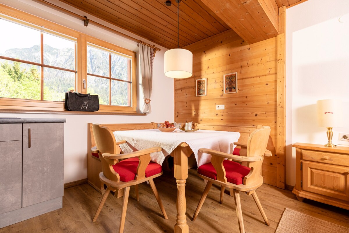 A wooden dining area features a table surrounded by four chairs, complemented by red cushions. Natural light enters through a large window, offering views of the surrounding mountains. The space is accentuated by warm wooden paneling and a simple light fixture above the table.