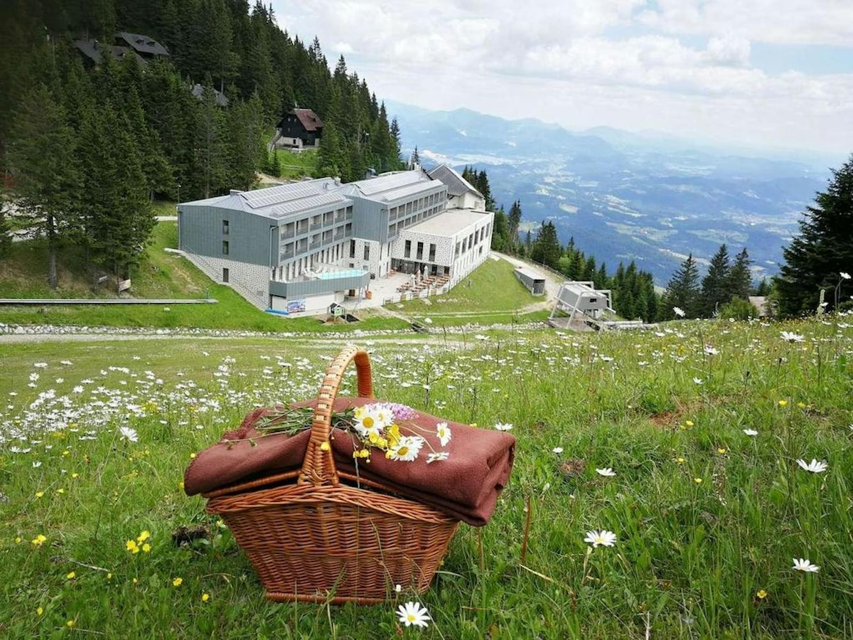 A wicker picnic basket sits on a grassy field adorned with wildflowers. In the background, a modern building blends harmoniously with the landscape, surrounded by trees and mountains. The distant mountains and valleys are visible under a partly cloudy sky.