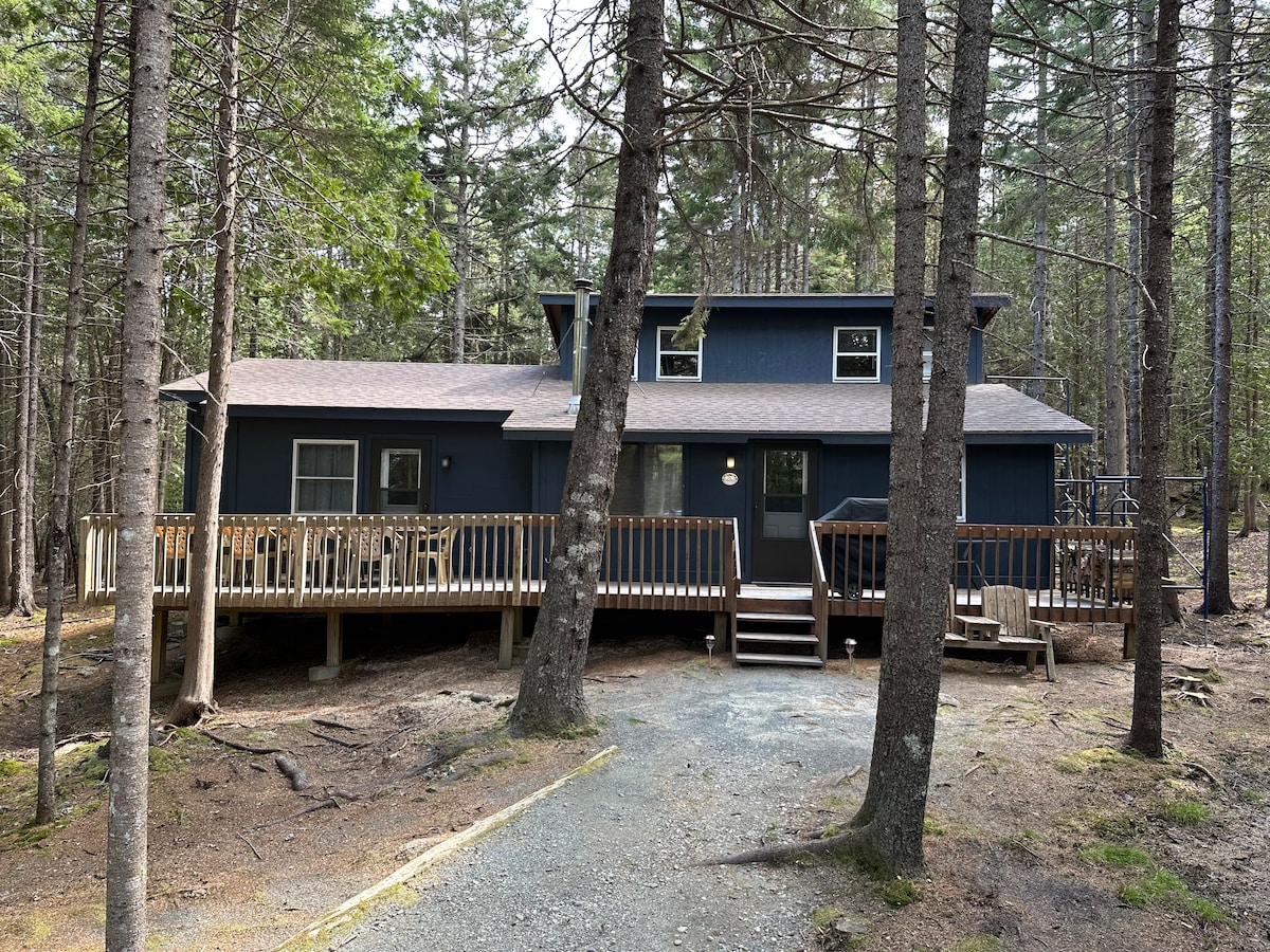 The cabin features a dark exterior surrounded by tall trees, with a wooden deck extending along the front. A clear pathway leads to the entrance, providing access to the main entrance and steps. Several windows allow natural light into the living space.