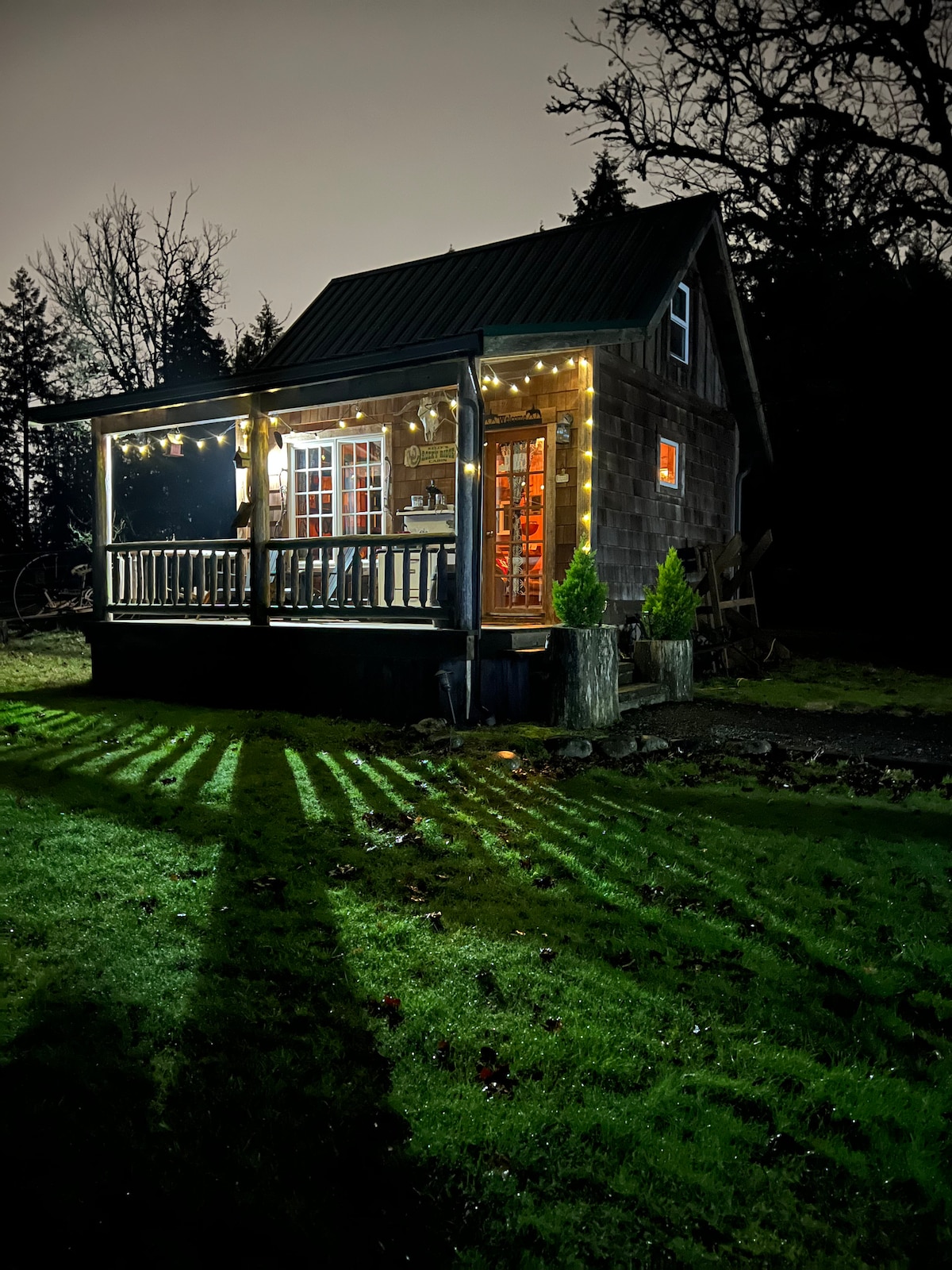 The cozy cabin is set against a nighttime backdrop, featuring warm lights strung along the porch. A grassy area surrounded by trees is illuminated by the lights, creating elongated shadows on the ground. Large windows provide glimpses of a welcoming interior.