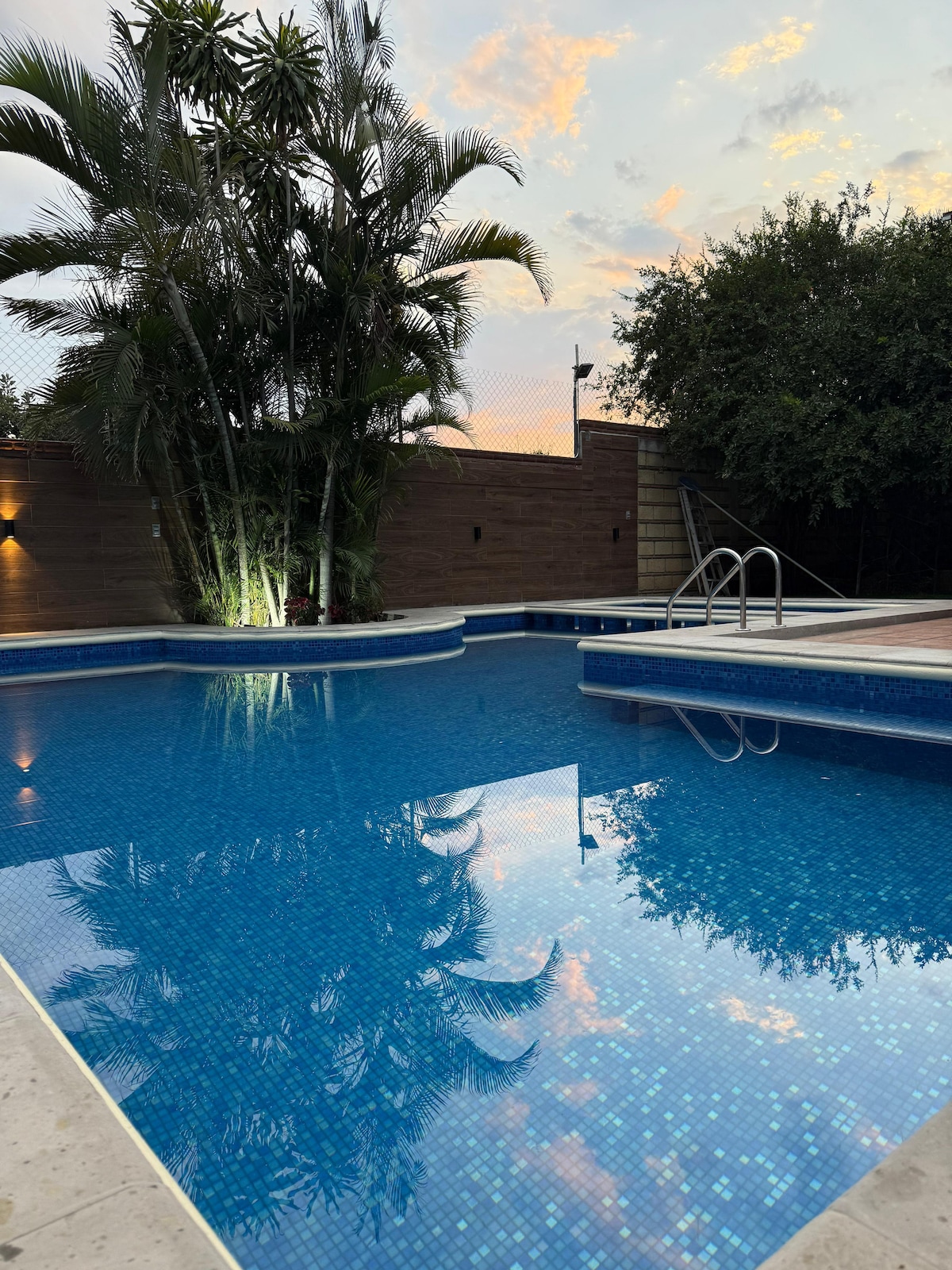A private pool is surrounded by lush greenery and tall palm trees, reflecting the colorful sky at sunset. The water's surface shimmers in shades of blue, while a pool ladder is visible at one end, offering easy access.