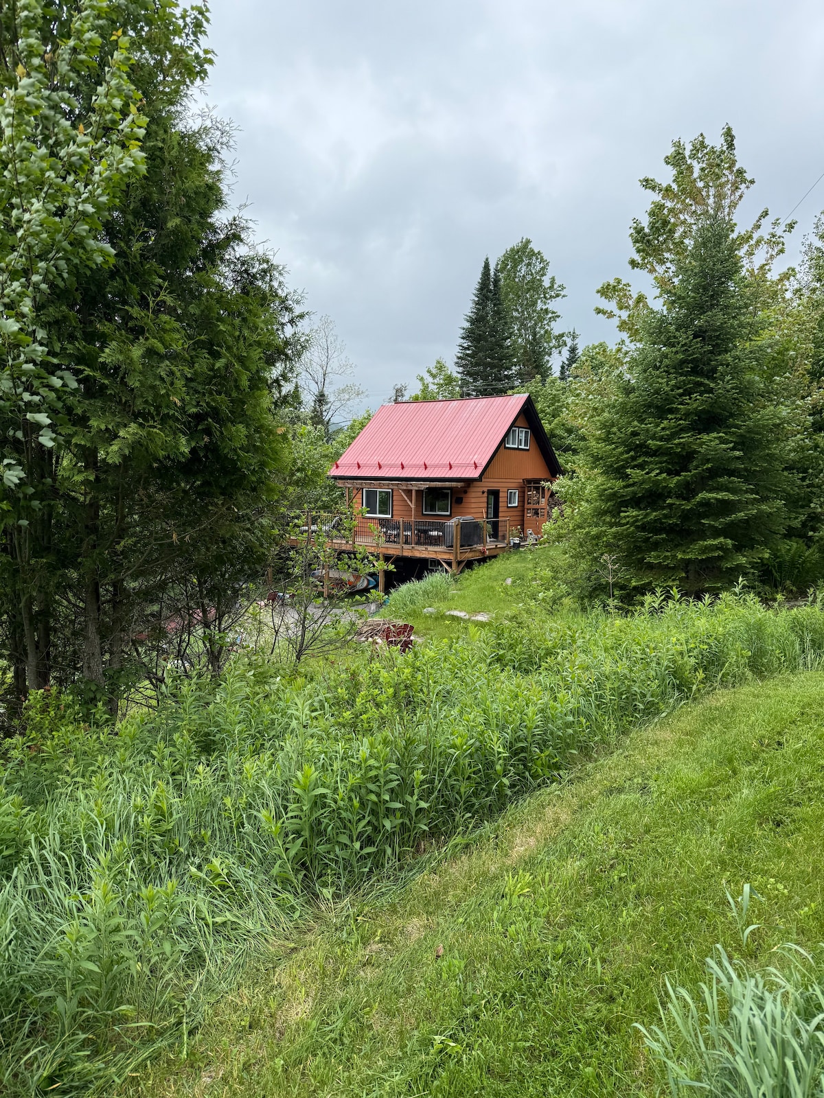 A chalet surrounded by lush greenery is displayed against a cloudy sky. The wooden structure features a distinctive red roof and a deck that extends outward. Tall trees and vibrant foliage encompass the area, contributing to a peaceful natural setting.
