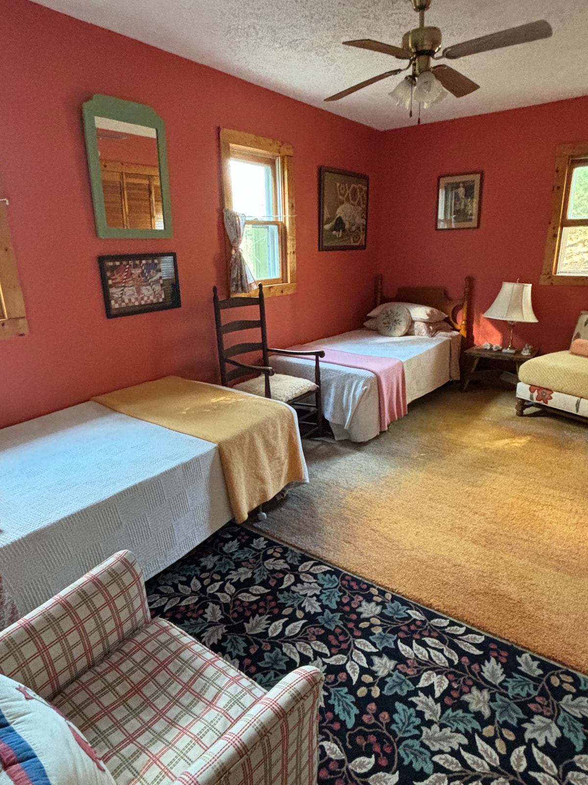 Comfortable twin beds with organic, 100% latex mattress toppers—plus high-quality, natural-fiber linens (no scents, no synthetics)