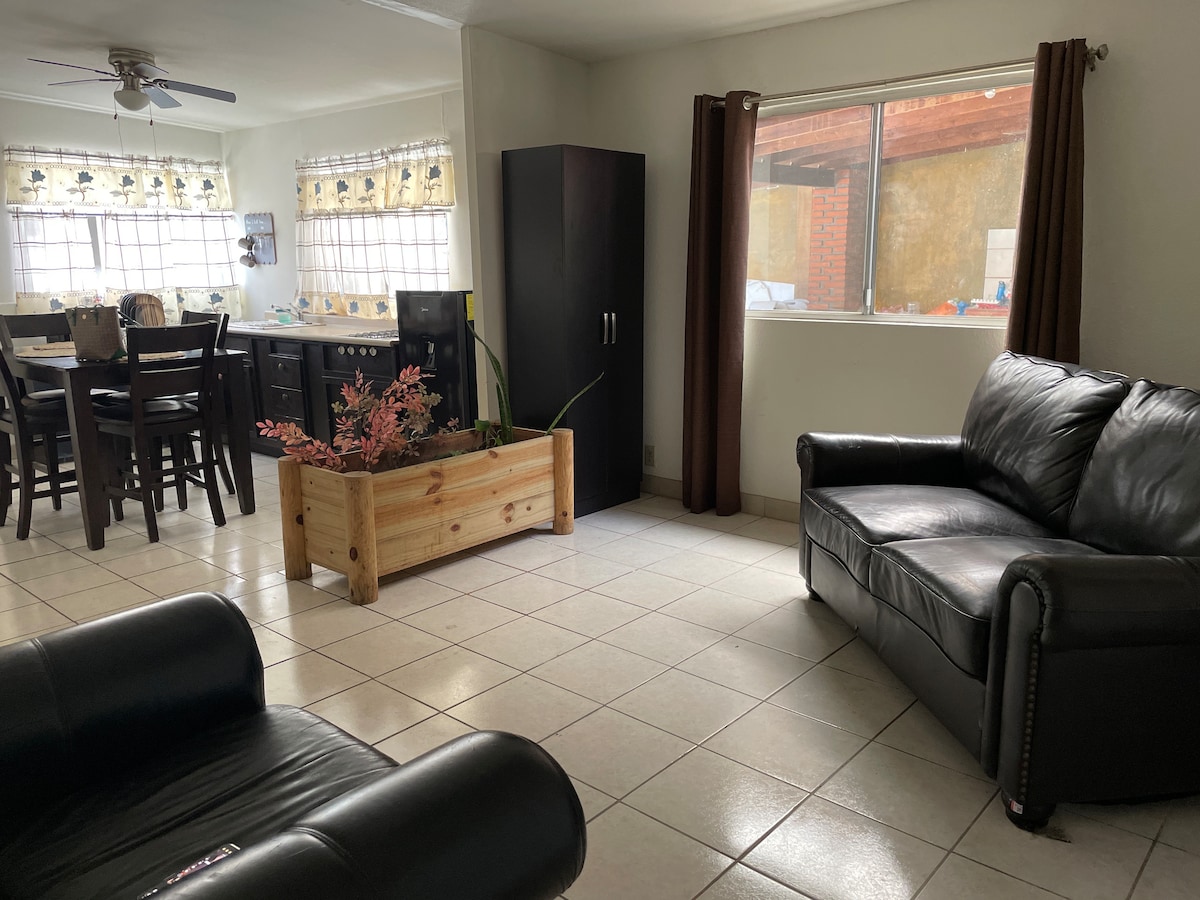 An open living area features a black leather sofa and a complementary armchair, arranged around a wooden planter. A dining table with chairs is visible in the background, accompanied by a well-lit kitchen area through large windows, allowing natural light to enter.
