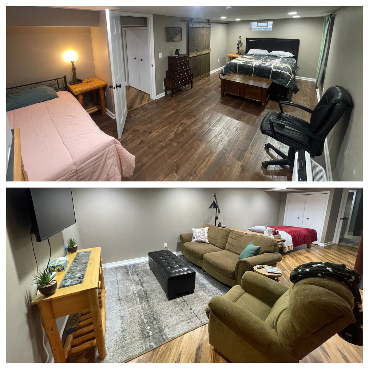 Two images showcase the private basement space. The upper image features a large bedroom with a queen bed, twin bed, and a black chair. The lower image displays a living room with a couch, armchair, a coffee table, and a TV stand, highlighting a sectional arrangement.