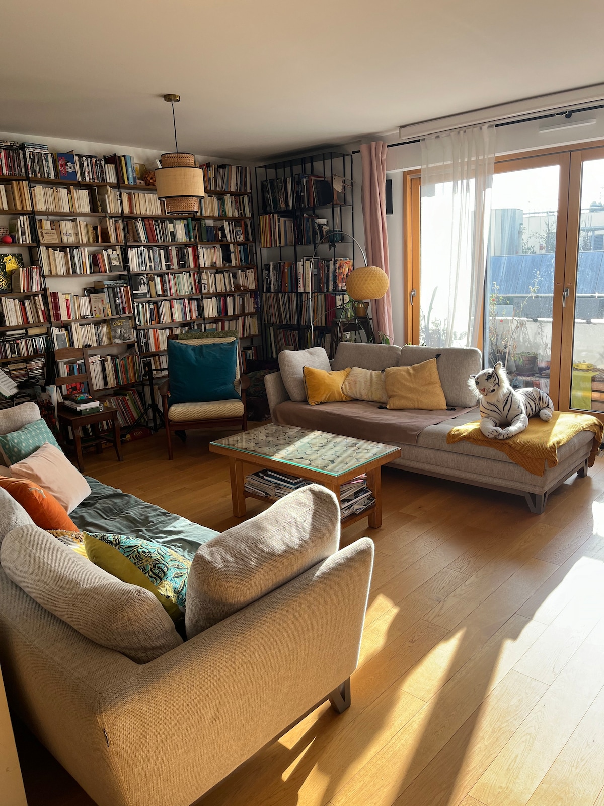 A bright living room features two sofas arranged around a wooden coffee table. A large bookshelf filled with books occupies one wall. Natural light pours in through glass doors that open to a balcony. A small dog is comfortably resting on one of the sofas.