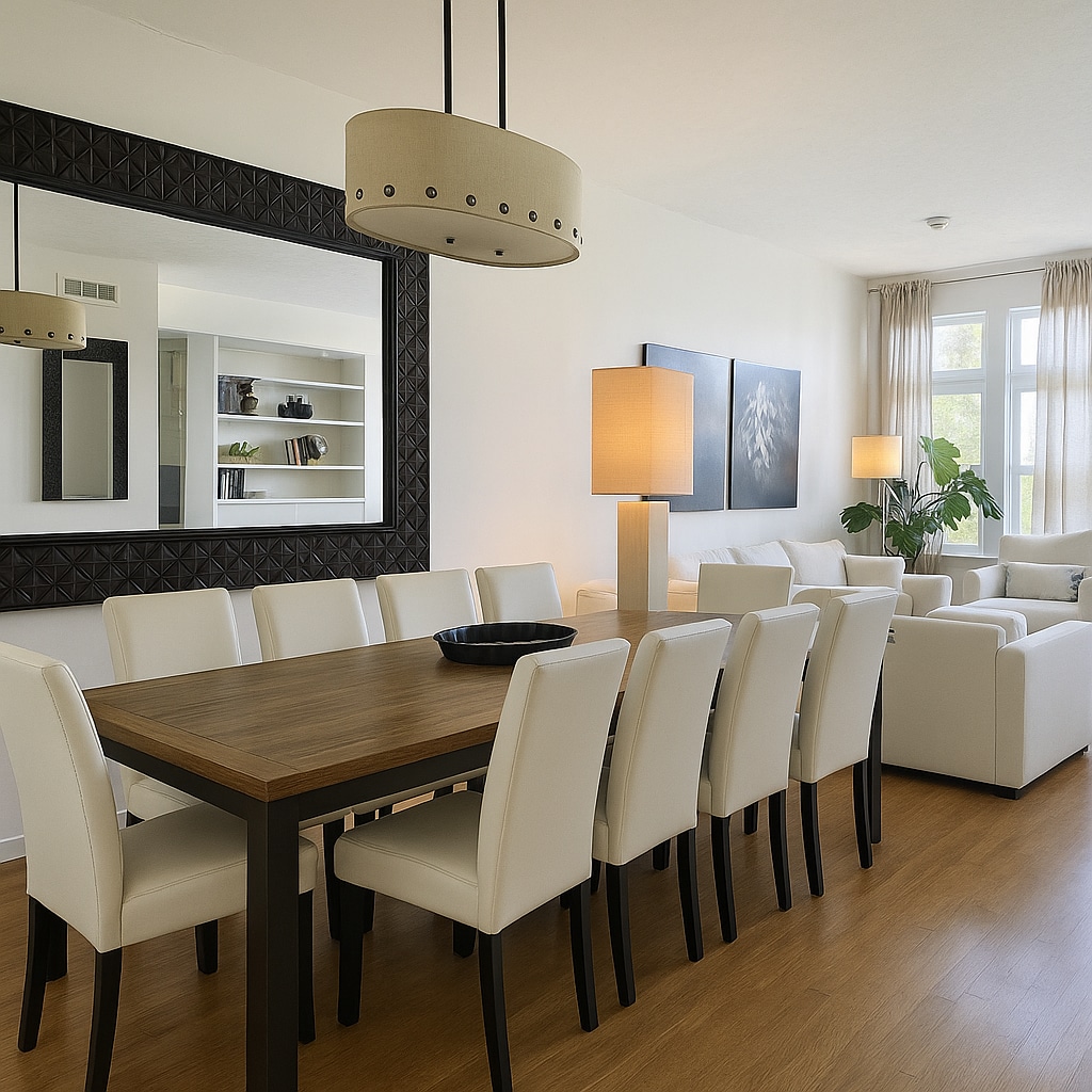 A spacious dining area is highlighted by a large wooden table surrounded by ten white upholstered chairs. A decorative black mirror adds depth to the space, while a stylish lamp and two artworks provide a modern touch. Natural light filters through large windows adorned with soft drapes.