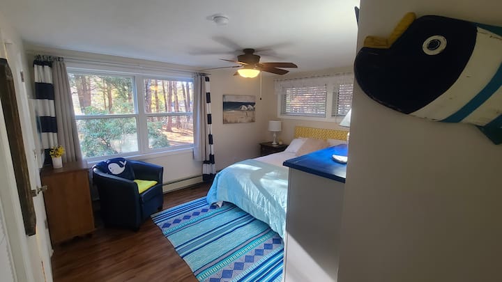 חדר שינה "שפל" עם מיטת קווין סייז, טלוויזיה וחדר רחצה צמוד