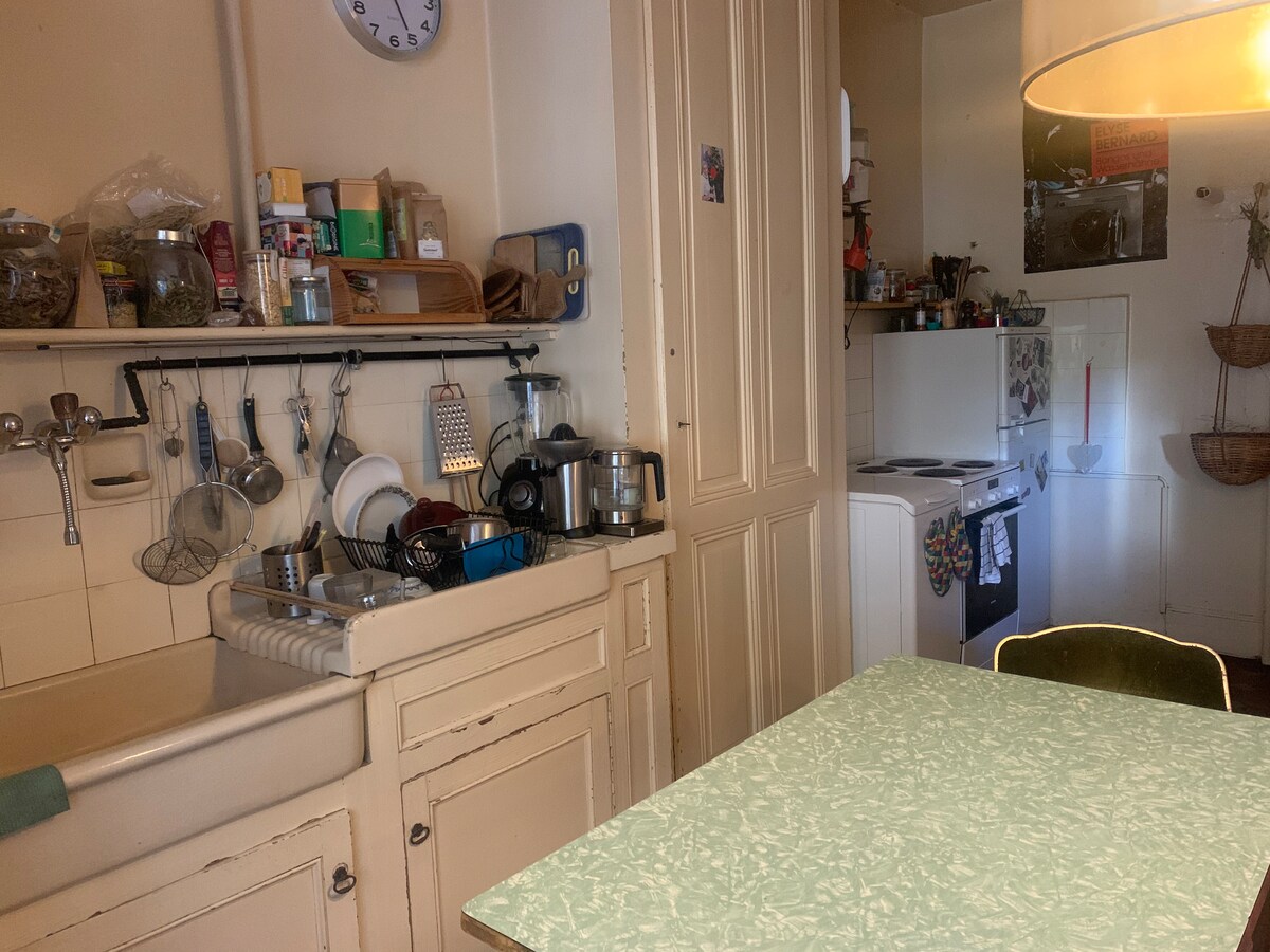 A functional kitchen space is presented, featuring a vintage sink and various pots and utensils displayed on a wall-mounted shelf. An electric stove and counter space provide ample cooking areas, while a dining table with a patterned green surface invites casual meals.