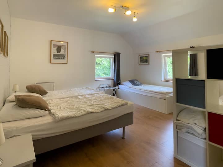 Slaapkamer voor 4 personen: de slaapkamer heeft 2 boxspringbedden van 90 x 200 cm, die samen kunnen worden geschoven om een tweepersoonsbed van 180 cm x 200 cm te vormen + 2 eenpersoonsbedden