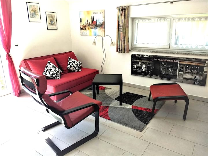Living area with pull-out sofa bed, very bright and cozy