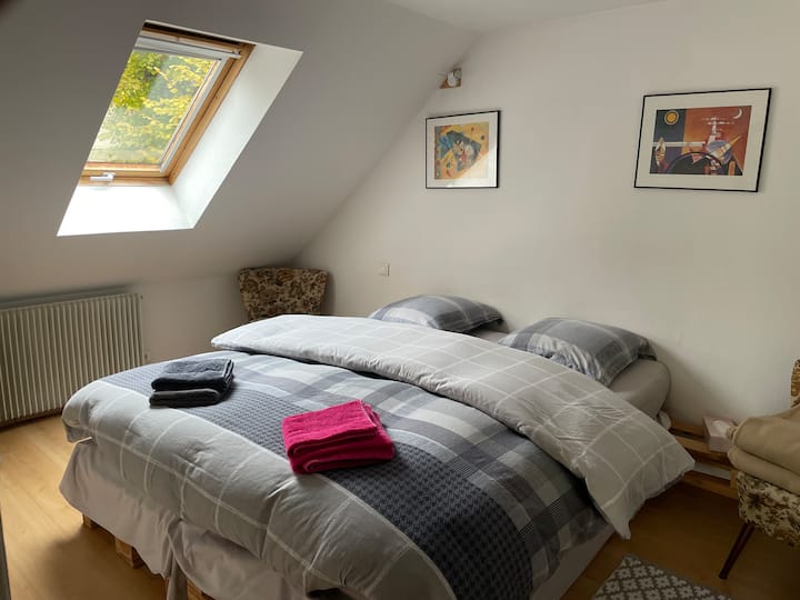 Habitación bajo el techo con iluminación por marco de techo Velux equipado con persiana eléctrica y persiana de oscurecimiento interior. Dormitorio con dos camas individuales unidas o separadas 