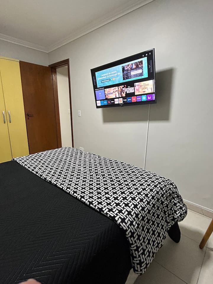Large and cosy room, equipped with a 42’’ Smart TV for your entertainment. The bed is super comfortable, accompanied by four high quality pillows to ensure a perfect night sleep.