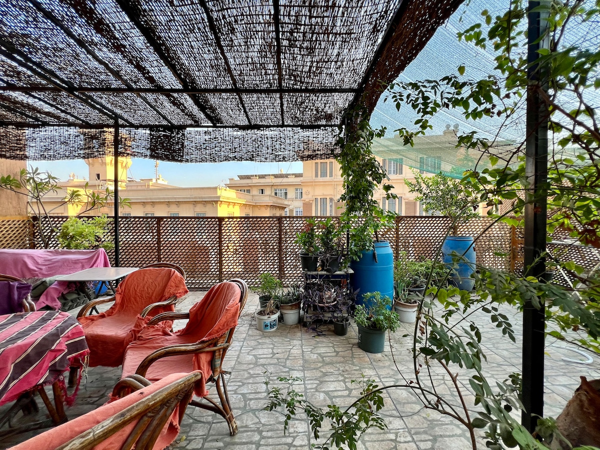 A spacious rooftop terrace is adorned with various potted plants and surrounded by a decorative lattice. Comfortable seating is provided with colorful cushions, inviting relaxation. A partial view of surrounding buildings can be seen in the background, along with a glimpse of the sky.