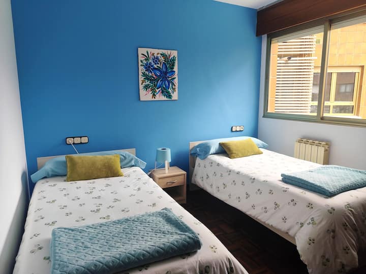 房间内有两张90床，配有羽绒被和额外的毯子。 窗户面向一个宽敞开阔的露台，您可以在露台上欣赏到伊莎贝拉·拉·卡托利卡公园（Isabel la Católica park）的美景。 非常安静的区域，是放松的理想场所。 