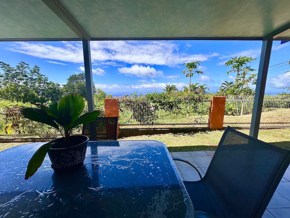 A serene outdoor dining area is presented, featuring a glass-top table with chairs. In the background, a lush green landscape meets a clear blue sky, showcasing views of the sea and mountains beyond. A potted plant adds a touch of nature to the setting.