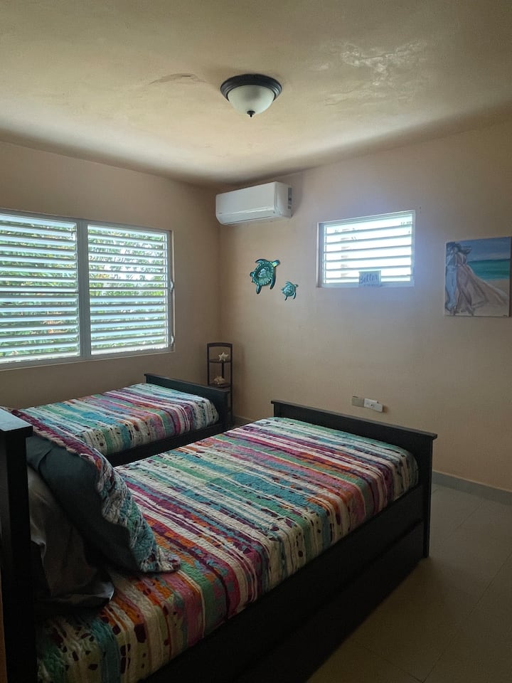 The Turtle Room (bedroom #1: 2 twin beds)
Closet: Hanging Space & Hangers
1 Large & 1 Small window
Night light (plug)
AC with remote control
