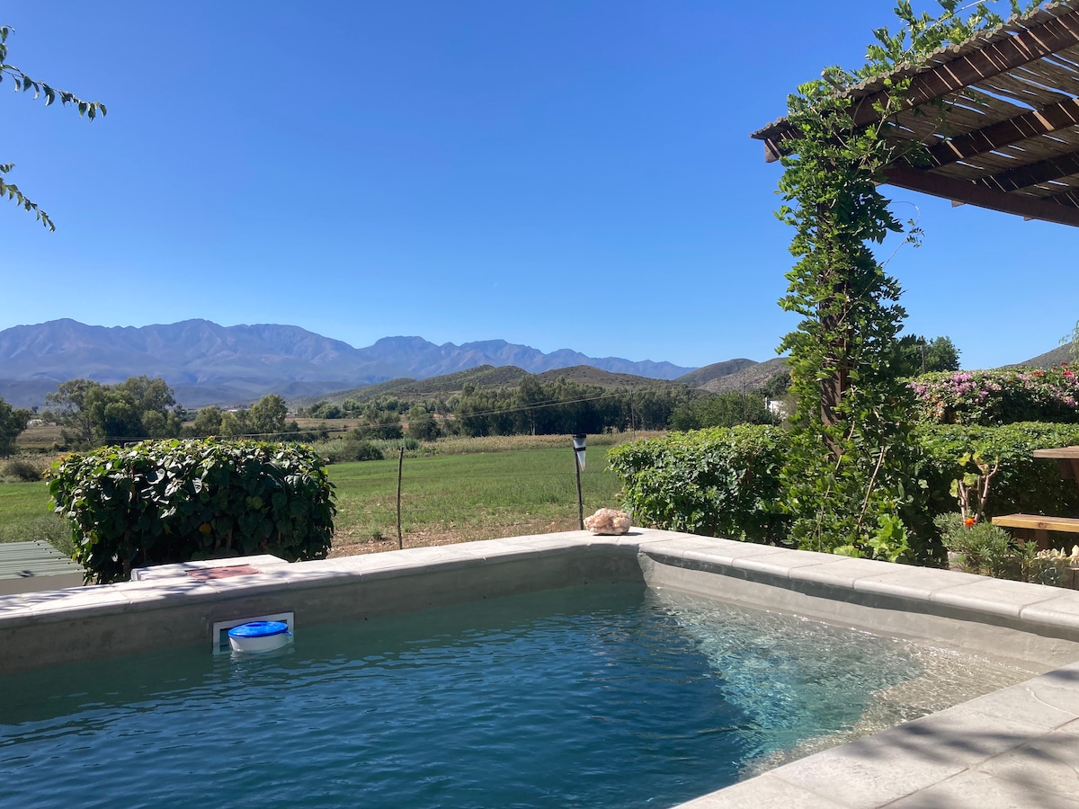 A refreshing pool is depicted in the foreground, with clear blue water reflecting the bright sky. Lush greenery surrounds the area, complementing views of open fields and the distant Swartberg Mountains, which create a serene backdrop.
