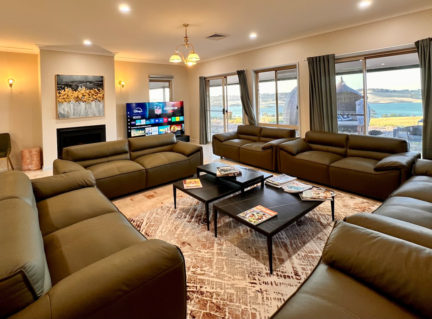 Wide Lakeview Ridge living room with lake views