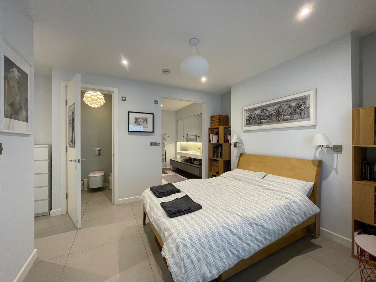 Tweepersoonskamer met eigen badkamer en inloopkast. Op de kelderverdieping. Glazen deuren naar lichtbron, extra grote deuren en 3 m hoge plafonds zorgen ervoor dat het niet als een ondergrondse kamer aanvoelt. 