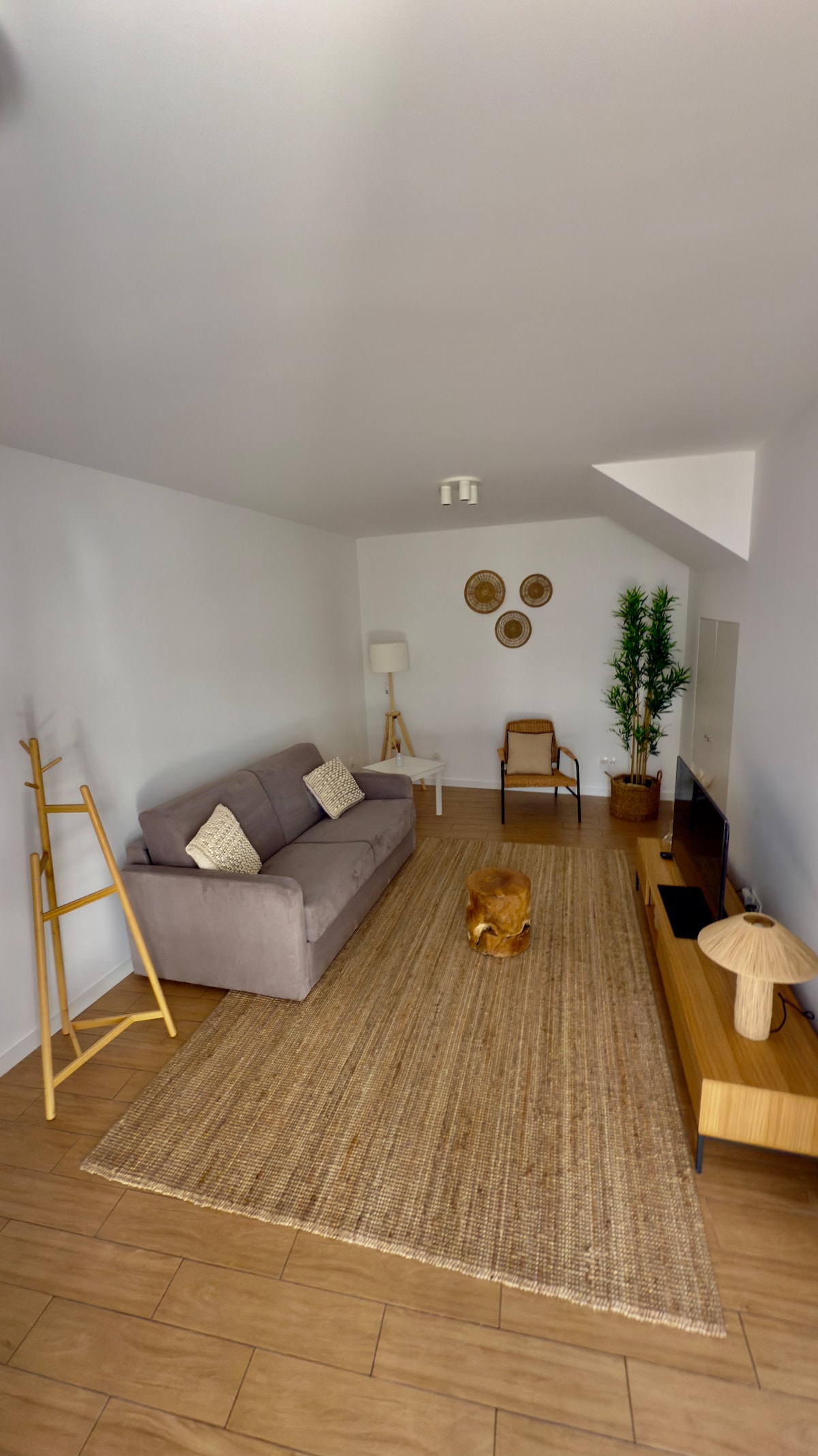 A well-lit living area features a light gray sofa with decorative pillows, paired with a natural wood chair and a light fixture. A woven area rug covers the tiled floor, and a wall-mounted television is positioned beside a wooden media console. Green plants add visual interest.