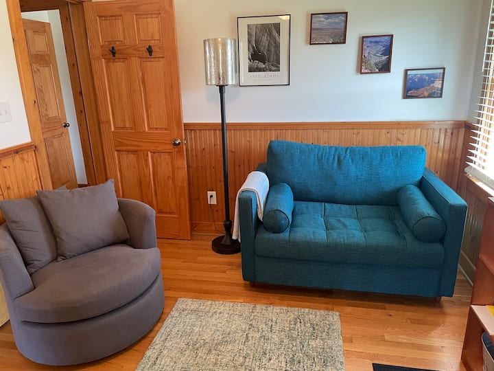 The sofa pulls out into a twin bed.