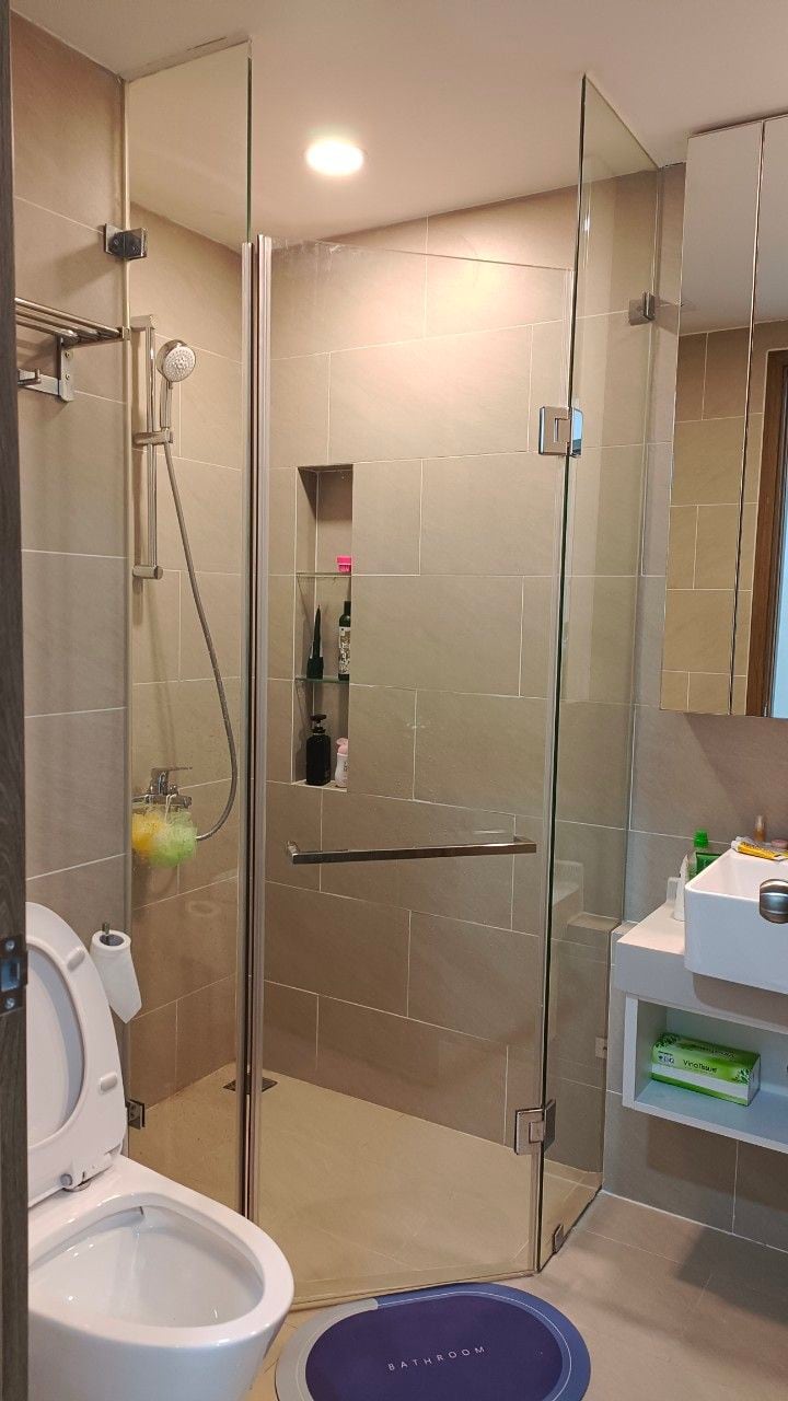 A modern bathroom is showcased, featuring a glass-enclosed shower with a handheld showerhead and a built-in shelf. Light beige tiles create a neutral backdrop, complemented by a small white sink and shelving for toiletries. A toilet is positioned nearby, adding functionality.